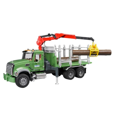 Bruder MACK Granite tømmertransportvogn med lastekran, gribearm og træstammer