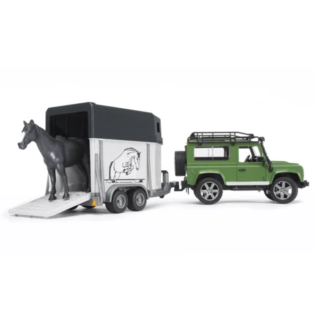 Bruder Land Rover Defender Station Wagon m hestetrailer og en hest