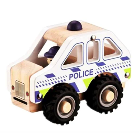 Politibil i træ med gummihjul