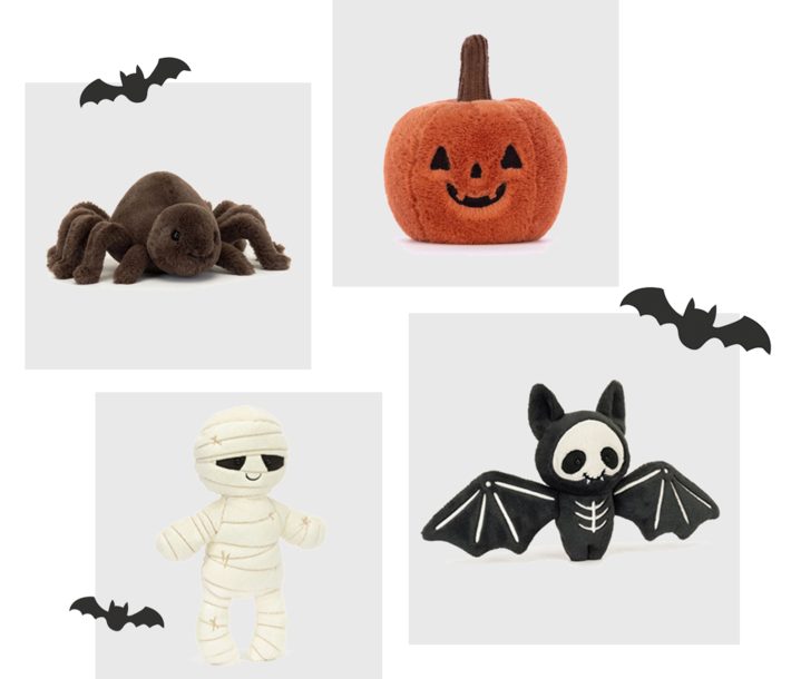 4 forskellige jellycat halloween bamser, en edderkop, et græskar, mumie og en flagermus