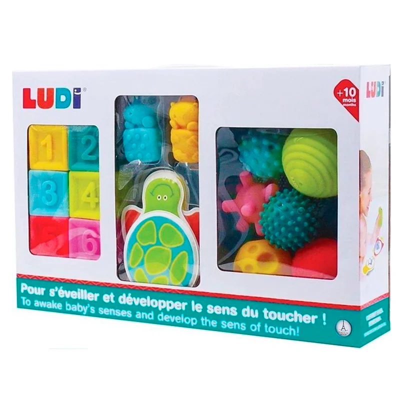 Ludi legesæt med bolde, klodser, badefigurer og -bog