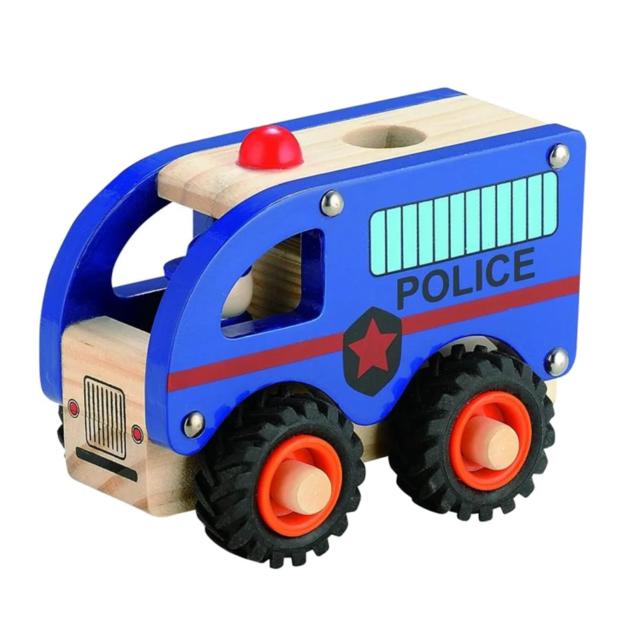 Politibus i træ med gummihjul