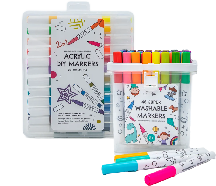 En pakke akryl DIY markers og en kasse med 48 super vaskbare tusser