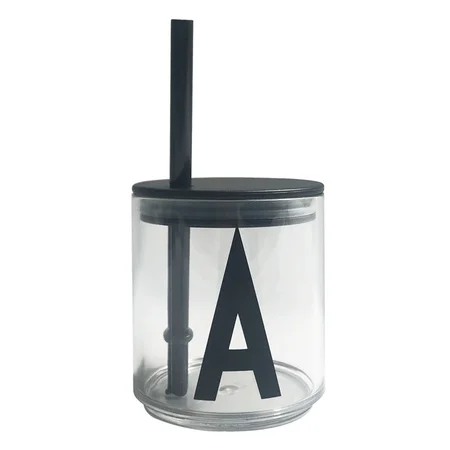 Design Letters låg og sugerør til børneglas (tritan), sort