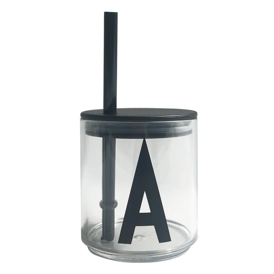 Design Letters låg og sugerør til børneglas (tritan), sort