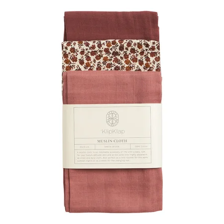 by KlipKlap 3-pak muslin stofbleer, Old Rose/Wild flower Rose/Burgundy