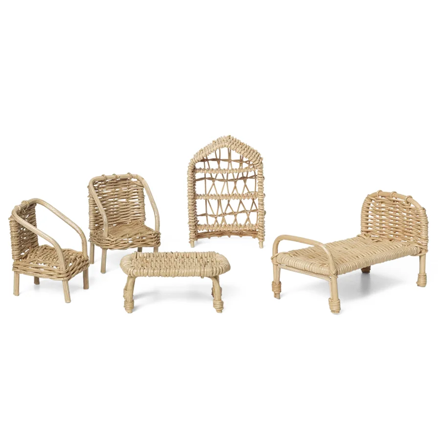 Ferm Living dukkehusmøbler i rattan, 5 stk