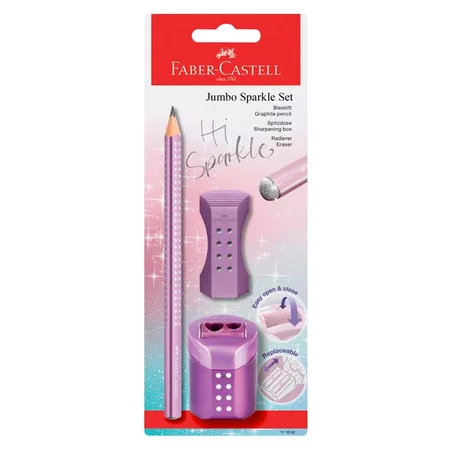 Faber-Castell Sparkle Jumbo Bleistift + Radiergummi + Anspitzer, violett
