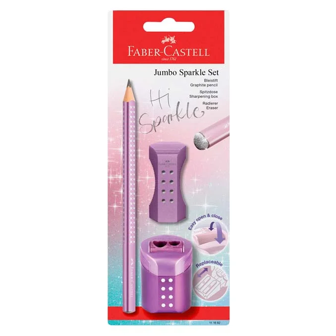 Faber-Castell Sparkle Jumbo Bleistift + Radiergummi + Anspitzer, violett