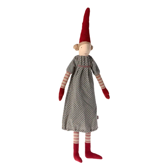 Maileg Pixy-Mädchen "Nissepige" mit kariertem Kleid, Gr. 3