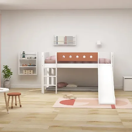 FLEXA Halbhohes Bett mit gerader Leiter und Rutsche, weiß/rosa