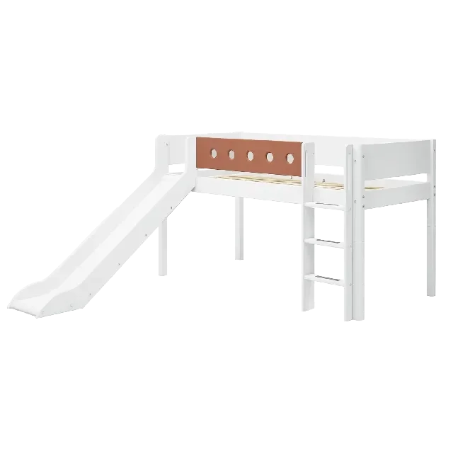 FLEXA Halbhohes Bett mit gerader Leiter und Rutsche, weiß/rosa