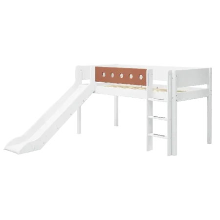 FLEXA Halbhohes Bett mit gerader Leiter und Rutsche, weiß/rosa