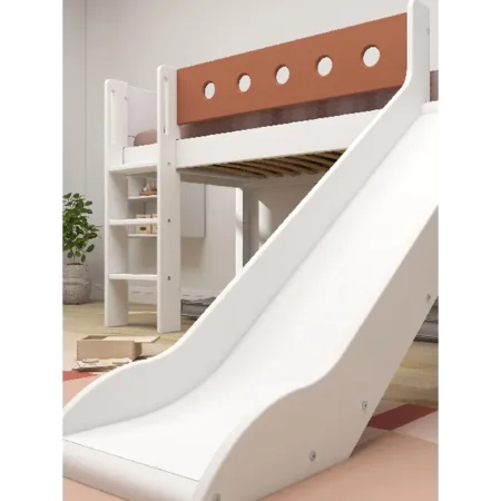FLEXA Halbhohes Bett mit gerader Leiter und Rutsche, weiß/rosa