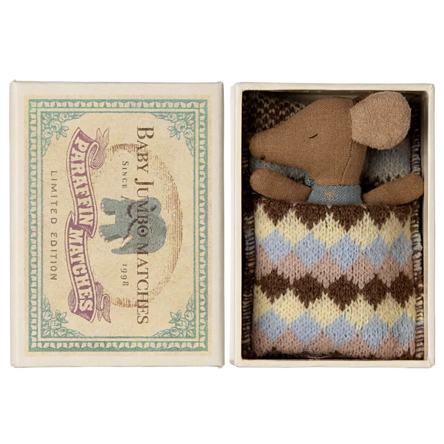 Sleep-Awake Baby Maus in Streichholzschachtel, blau, Maileg