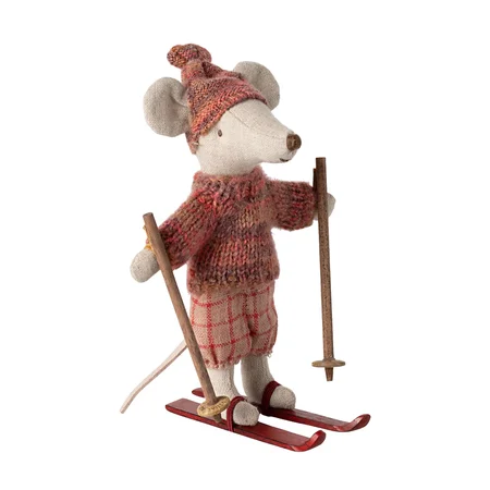 Maileg Wintermaus mit Skiern, große Schwester - rosa