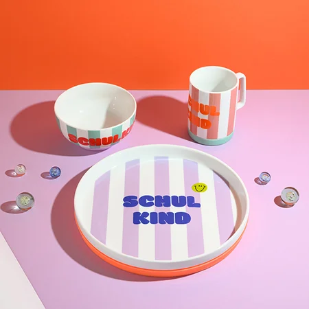 Porzellan-Set Schulkind Streifen, flieder/pink