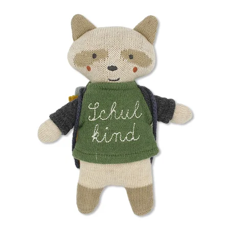 Waschbär "Schulkind" mit Schulranzen und Shirt in grün/blau, 15cm