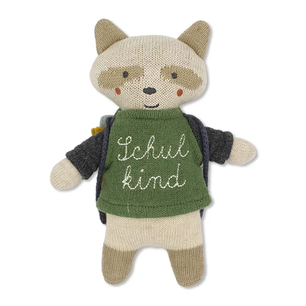Waschbär "Schulkind" mit Schulranzen und Shirt in grün/blau, 15cm