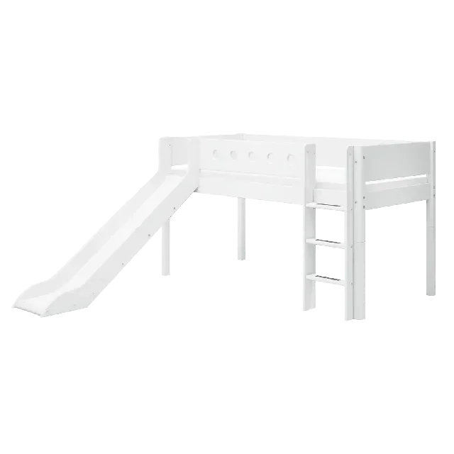FLEXA Halbhohes Bett mit gerader Leiter und Rutsche, weiß
