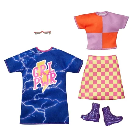 Barbie 2 sæt dukketøj, kjole m. lyn og ternet skirt