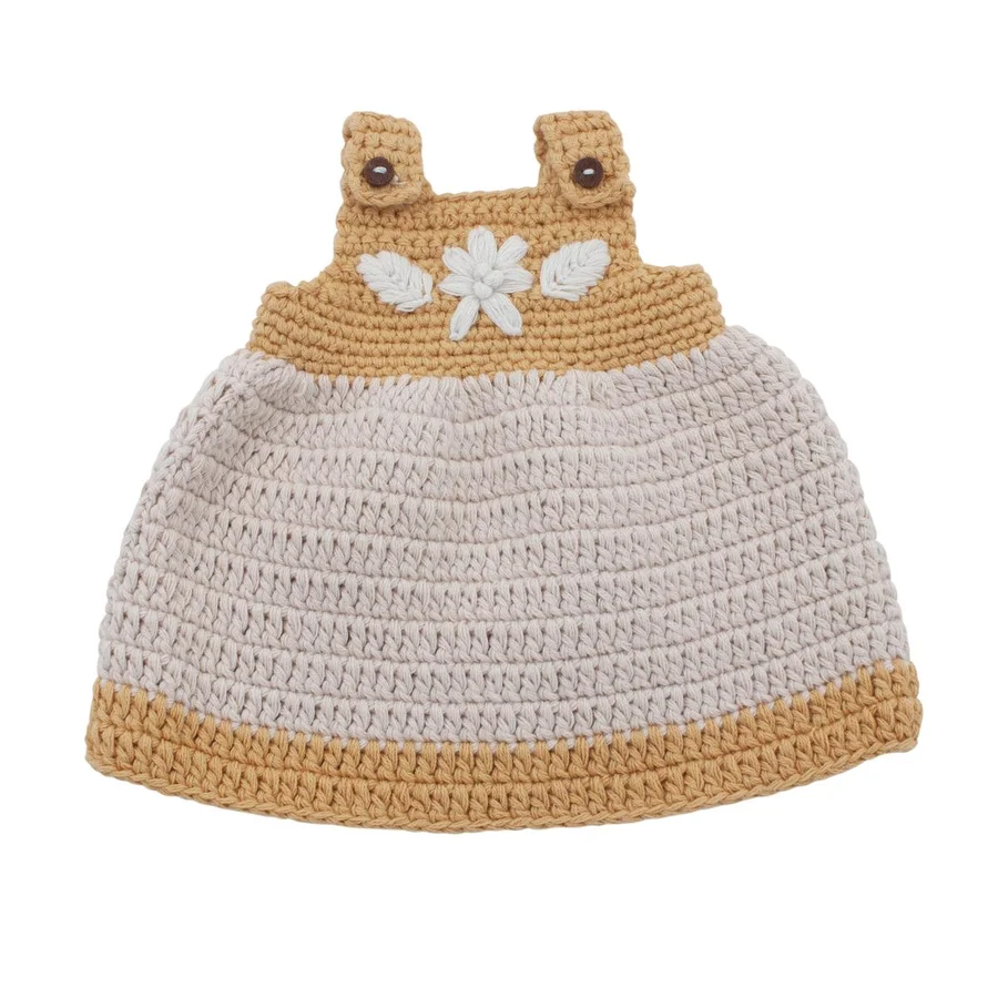 Sebra hæklet dukkekjole, golden yellow - 40 cm