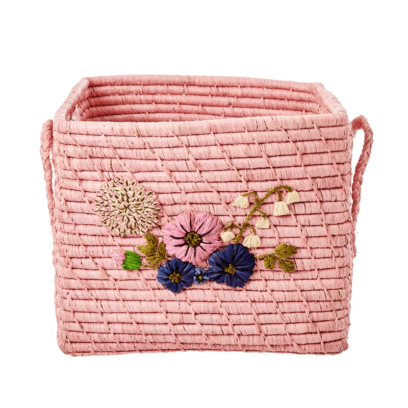 Rice fletkurv med blomsterbroderi, rosa