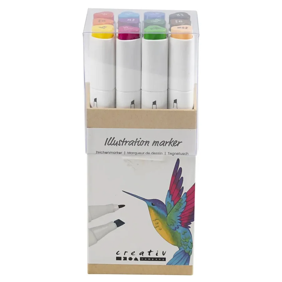 Illustration Marker, 12 stk Standardfarver, Streg 1+8 mm