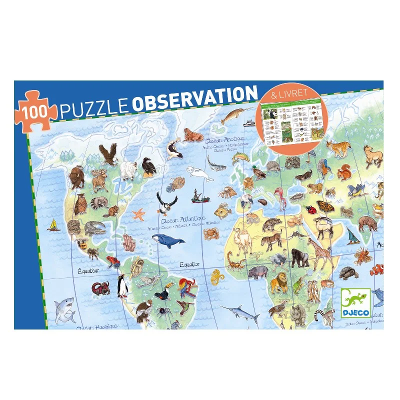 Djeco Puzzle und Heft, Tiere der Welt - 100 Teile