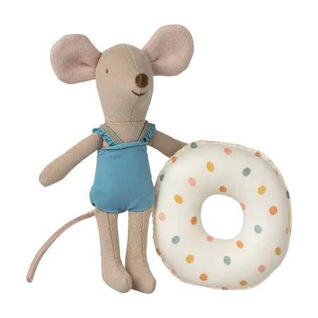 Maileg lillesøster strandmus, badering med multi prikker