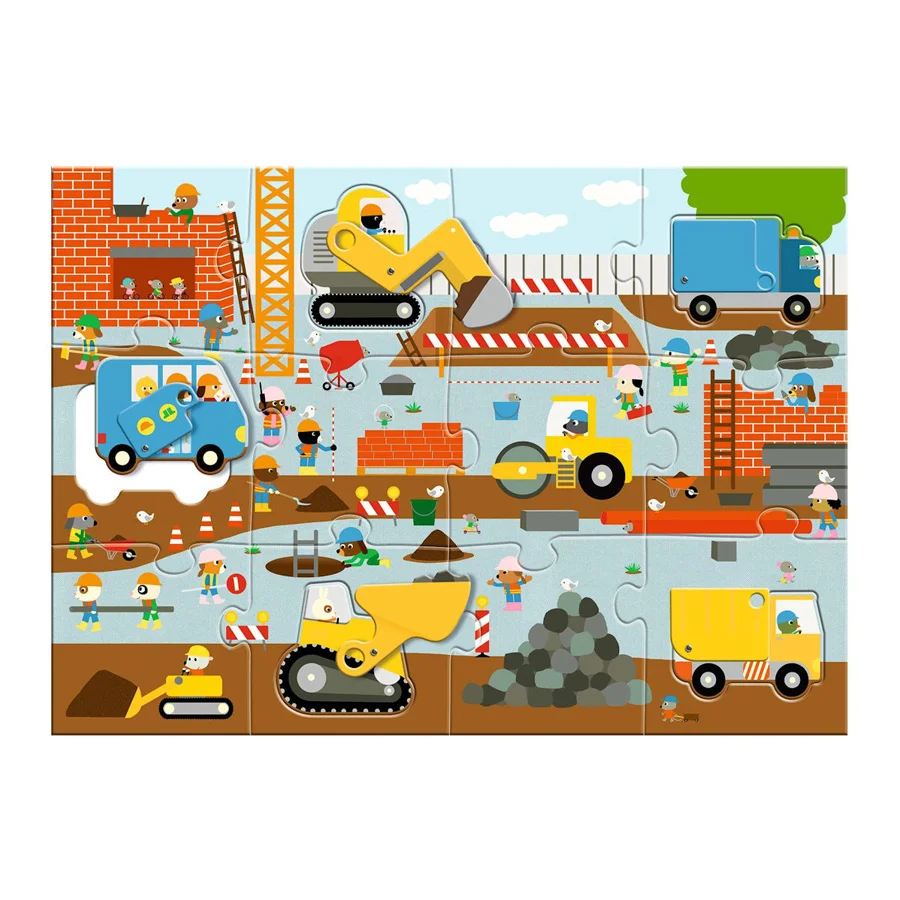 Djeco Bodenpuzzle Baustelle, 12+3 Teile