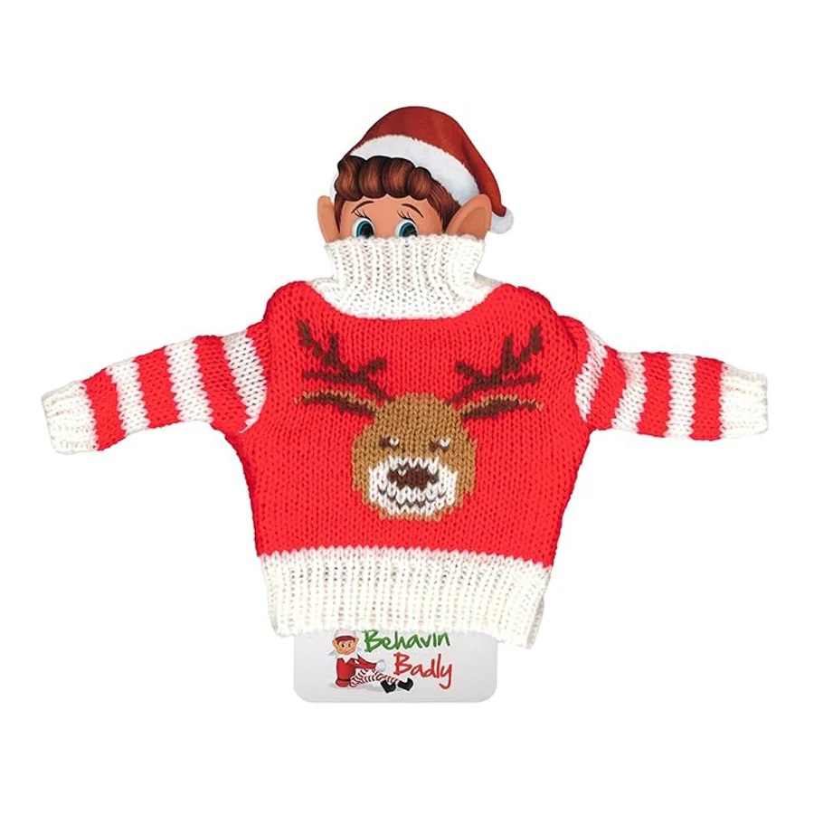 Elves Behavin' Badly, Alfe Luksus Strikket Sweater, Rød