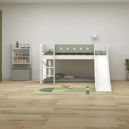 FLEXA Halbhohes Bett mit gerader Leiter und Rutsche, weiß/naturgrün