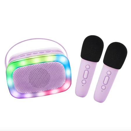 Lalarma trådløs højtaler med lys og 2 trådløse mikrofoner, lilla