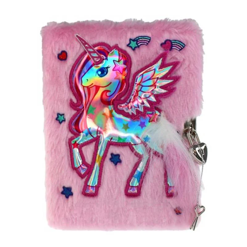 Tinka dagbog med lås, rosa plys m.enhjørning