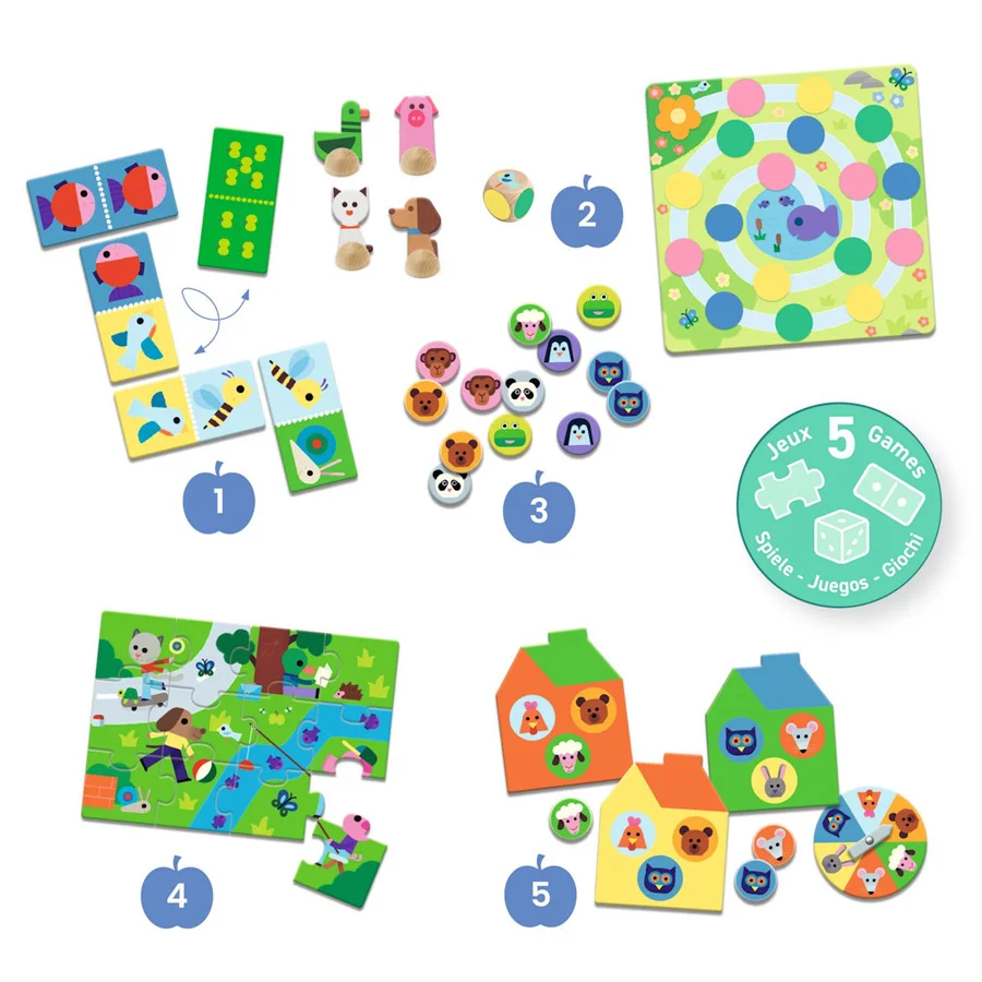 Djeco Spielen & Lernen, 5-in-1 Spielebox auf dem Bauernhof