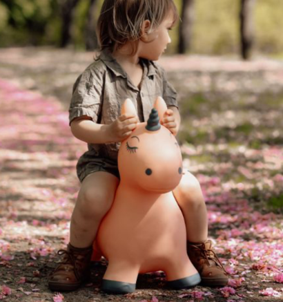 Barn der sidder på et hoppedyr