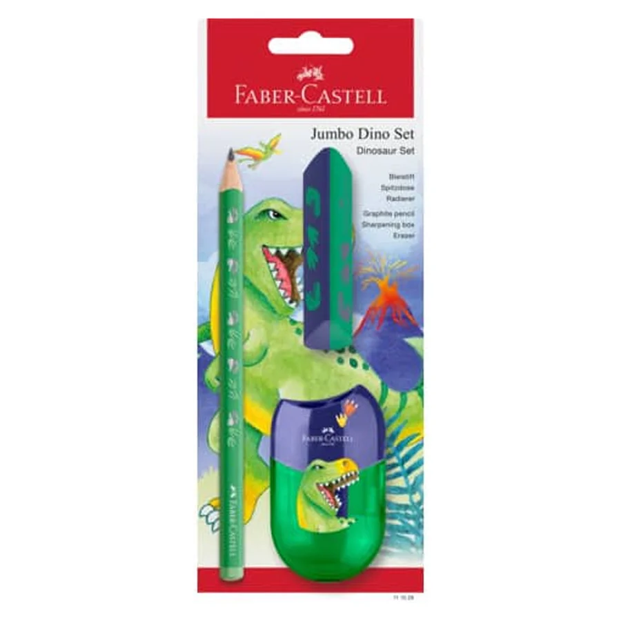 Faber-Castell Jumbo 1 Bleistift + Radiergummi + Anspitzer, Dinosaurier
