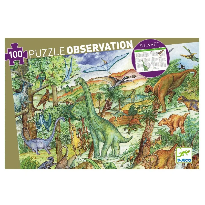 Djeco Bodenpuzzle und Heft, Dinosaurier - 100 Teile