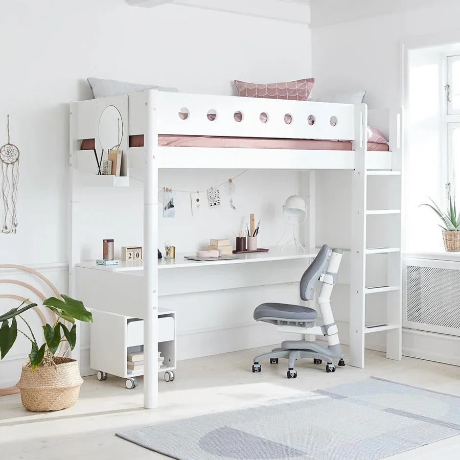 FLEXA Højseng med lige stige og click-on-skrivebord, hvid