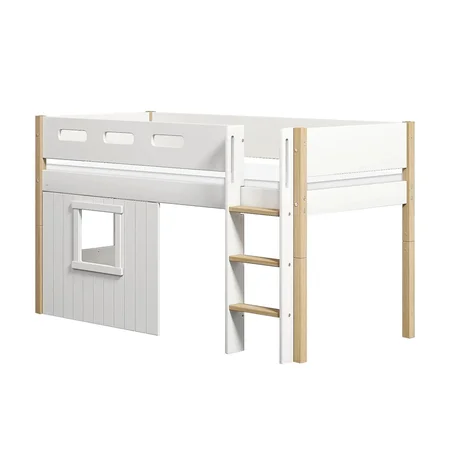 FLEXA Nor Halvhøj seng med lige stige & træhyttesengefronter, hvid ramme