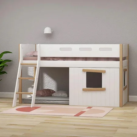 FLEXA Nor Halvhøj seng med skrå stige & træhyttesengefronter, egetræsramme