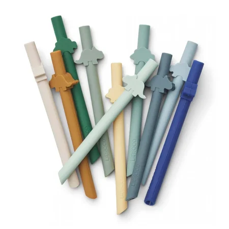 Liewood 10-pak silikone sugerør, Dino - Surf blue