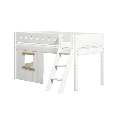 FLEXA Halvhøj seng med skrå stige & træhyttesengefronter, egetræsramme