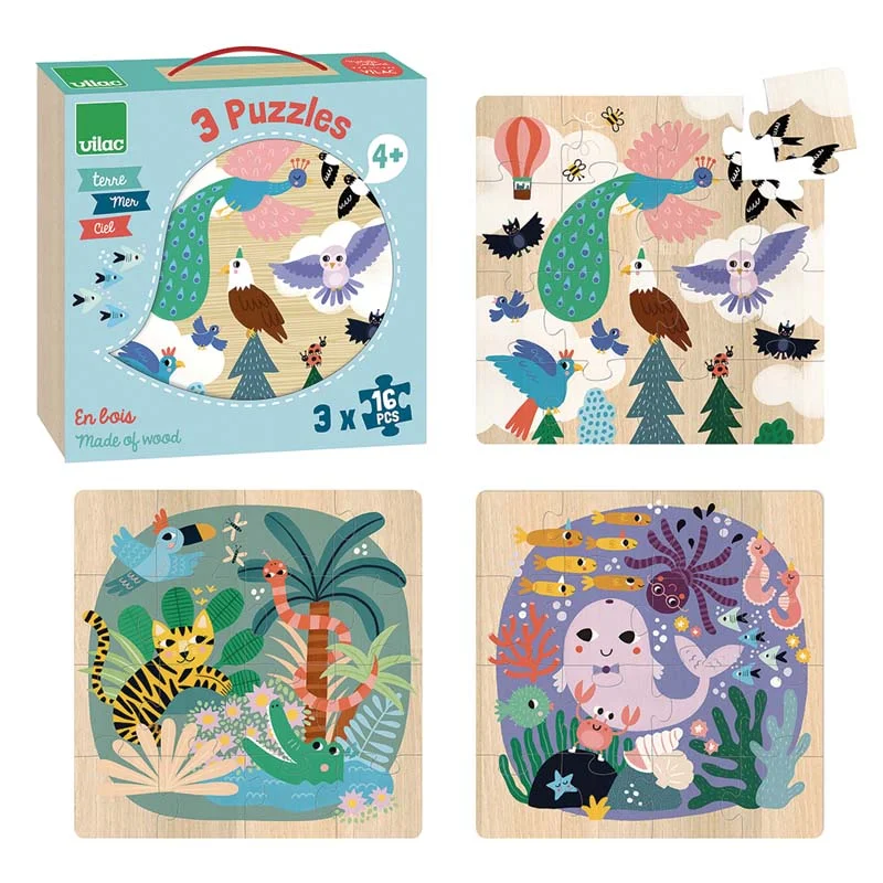 Vilac træpuslespil, I luften, vandet og jorden af Michelle Carlslund - 3x16 brikker