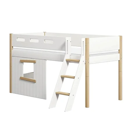 FLEXA Nor Halvhøj seng med skrå stige & træhyttesengefronter, egetræsramme