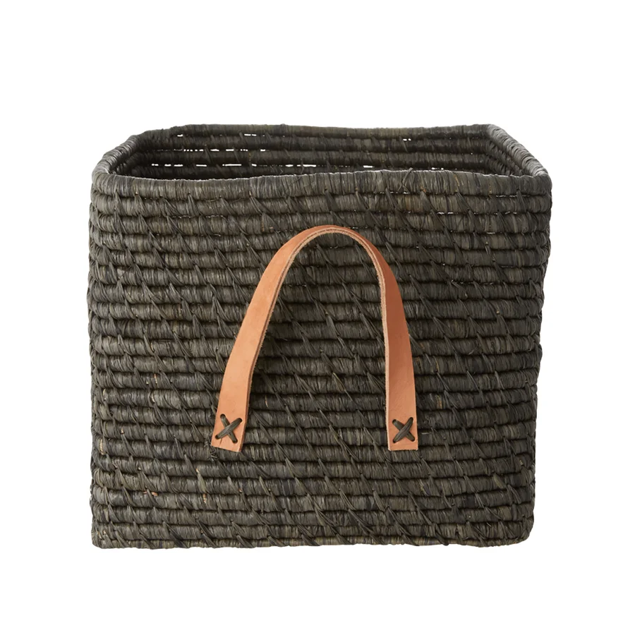 Rice kurv m. læder hanke, mørkegrå