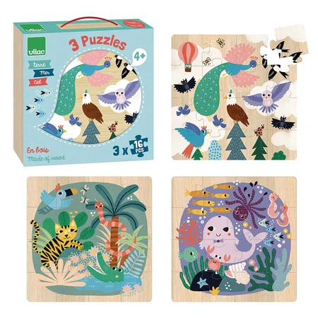 Vilac træpuslespil, I luften, vandet og jorden af Michelle Carlslund - 3x16 brikker