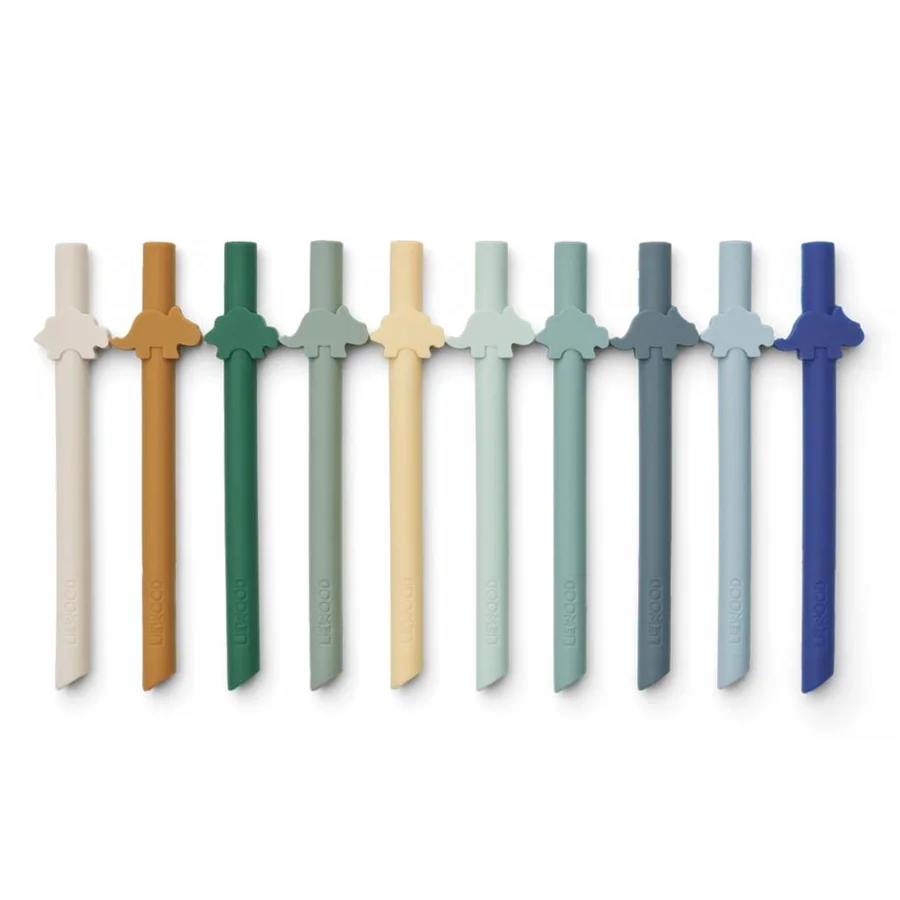 Liewood 10-pak silikone sugerør, Dino - Surf blue
