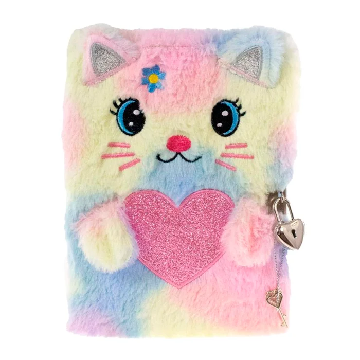 Tinka dagbog med lås, plys kat m. hjerte